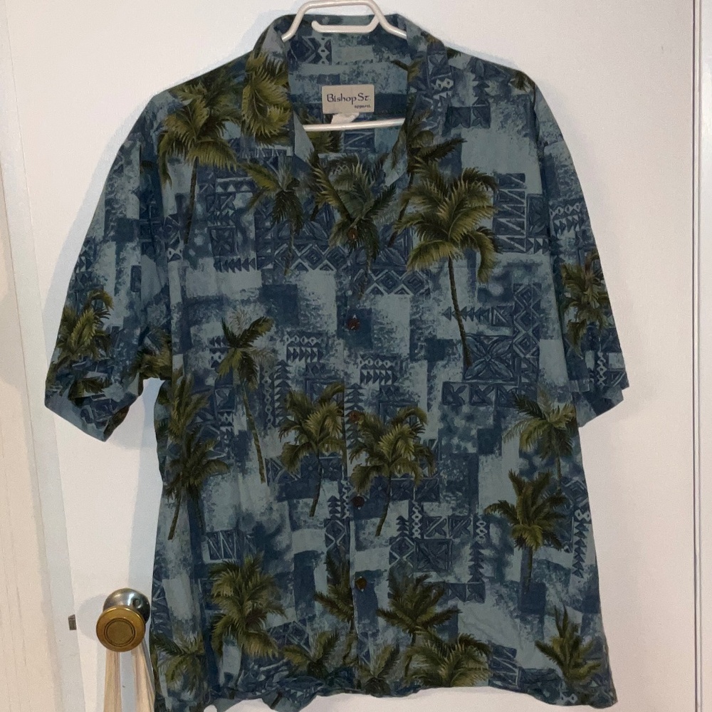 Bishop St Hawaiian Shirt Men’s Large Blue Palm Tree Tropical Button Up